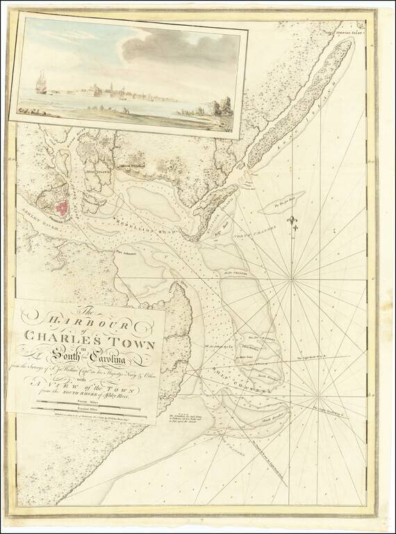 The Harbour of Charles Town in South-Carolina from the Surveys of Sr. Jas. Wallace Captain in his Majesty's Nave & Others with A View of the Town from the South Shore of Ashley River.