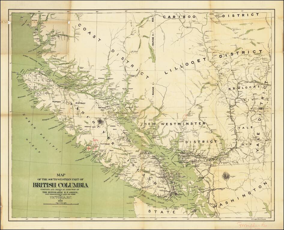 Map of the South-Western Part of British Columbia Compiled and Drawn By Direction of the Honorable R.F. Green, Chief Commissioner of Lands and Works Victoria, B.C. 1906