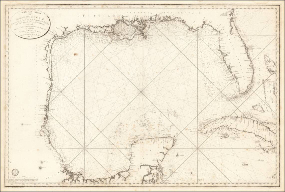 Carte Des Cotes Du Golfe Du Mexique Compris entre la Pointe Sud de la Presqu'Ile de la Floride et la Pointe Nord de la Presqu'Ile d'Yucatan . . . An IX.
