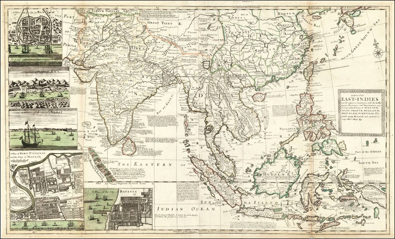 A Map of the East-Indies and the adjacent Countries; with the Settlements; Factories and Territories, explaning what belongs to England, Spain, France, Holland, Denmark, Portugal &c. with many Remarks not extant in any other Map By