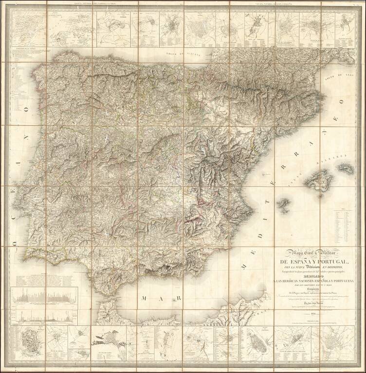 Mapa Civil y Militar De España y Portugal, con la nueva Division en Distritos, Enriquecido de los planes Particulares de 34 Ciudades y puertos principales; Dedicado a las heroicas naciones Española  y Portuguesa pors los editores Dauty y Malo.  Compuesto 
