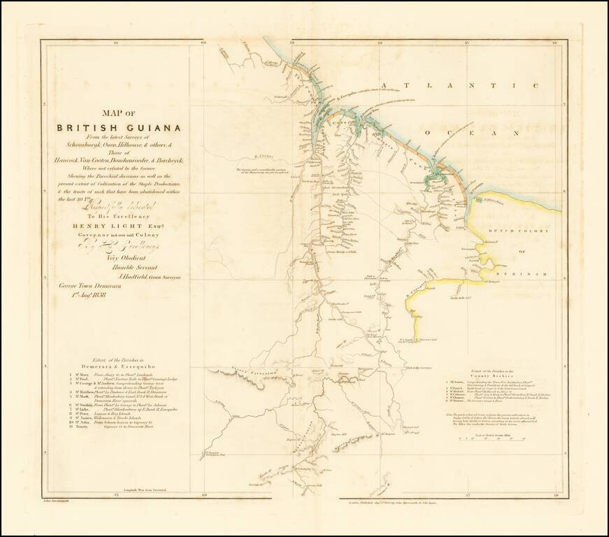 Map of British Guiana From the latest Surveys of Schomburgk, Owen, Hilhouse, & others; & Those of Hancock, Van-Cooten, Bouchenroeder, & Bercheyck . . . 1838.