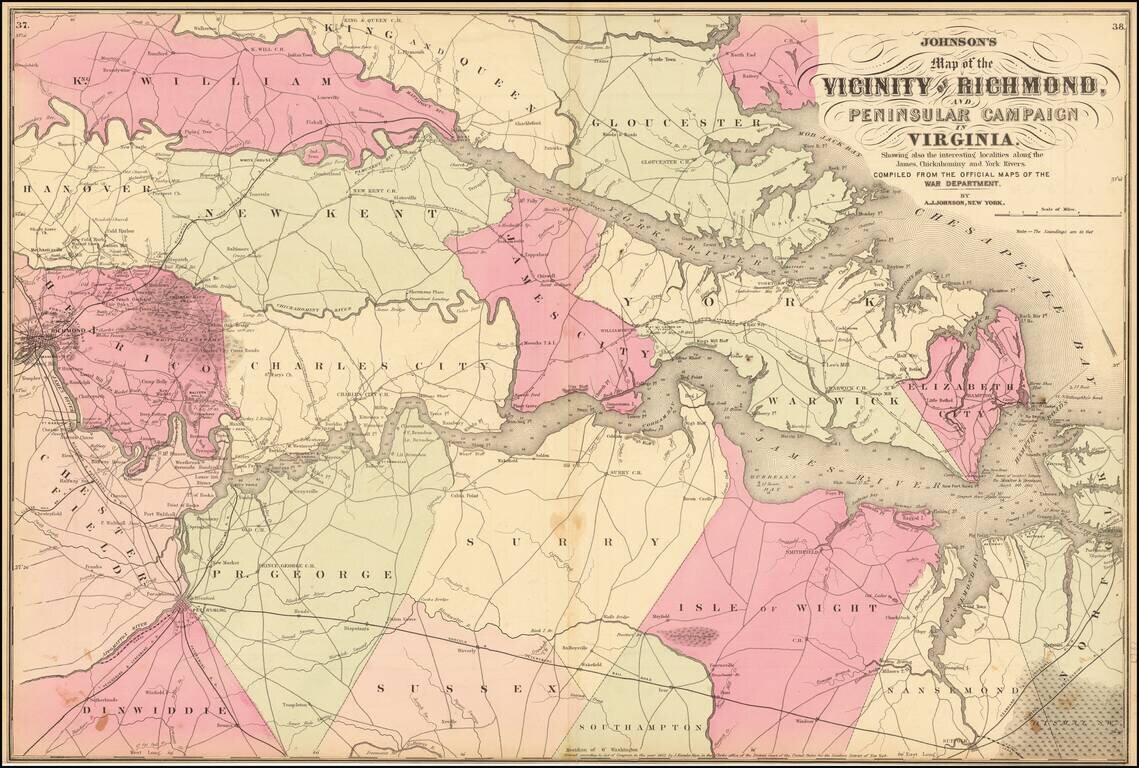 Johnson's Map of the Vicinity of Richmond, Peninsular Campaign in Virginia.  Showing also the interesting localities along the James, Chickahominy and York Rivers. . .