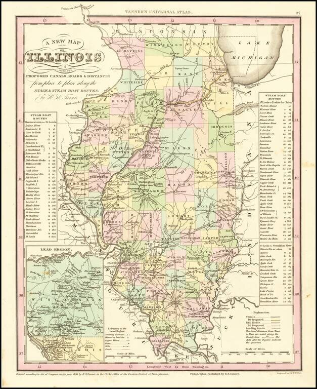 A New Map Of Illinois with its Proposed Canals, Roads & Distances from Place to Place along Stage & Steam Boat Routes.  by H.S. Tanner