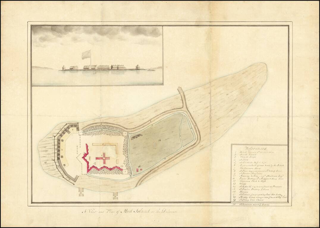 A View and Plan of Mud Island on the Delaware [One of the First Depictions of an American Flag]