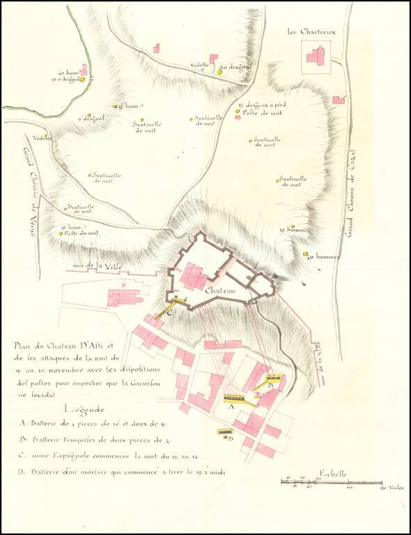 Plan du Chateau D'Asti et de ses attaques de la nuit du 9 au 10 novembre avec les dispositions des postes pour emecher que la Garrison ne sevadat