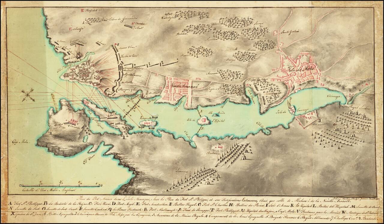 Plan du Port-Mahon dans L'Isle Minorque, Avec le Plan du Fort St. Philippe, et ses Fortifications Extereurs, Anci qui celle de Mahon e de la Nouvelle Aravall (?)