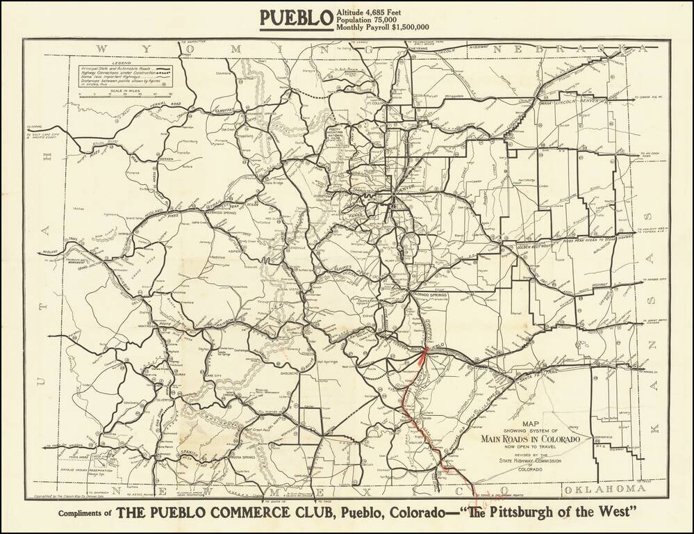 Map Showing System of Main Roads in Colorado Now Open To Travel Revised By The State Highway Commission of Colorado  -- Compliments of the Pueblo Commerce Club . . .