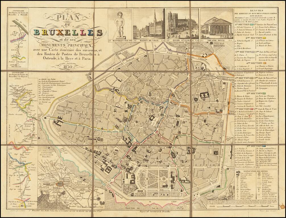 Plan de Bruxelles et de ses Monuments Principaux, avec une Carte itineraire des environs, et des Routes de Potes de Bruxelles a Ostende, a la Haye et a Paris.  1830