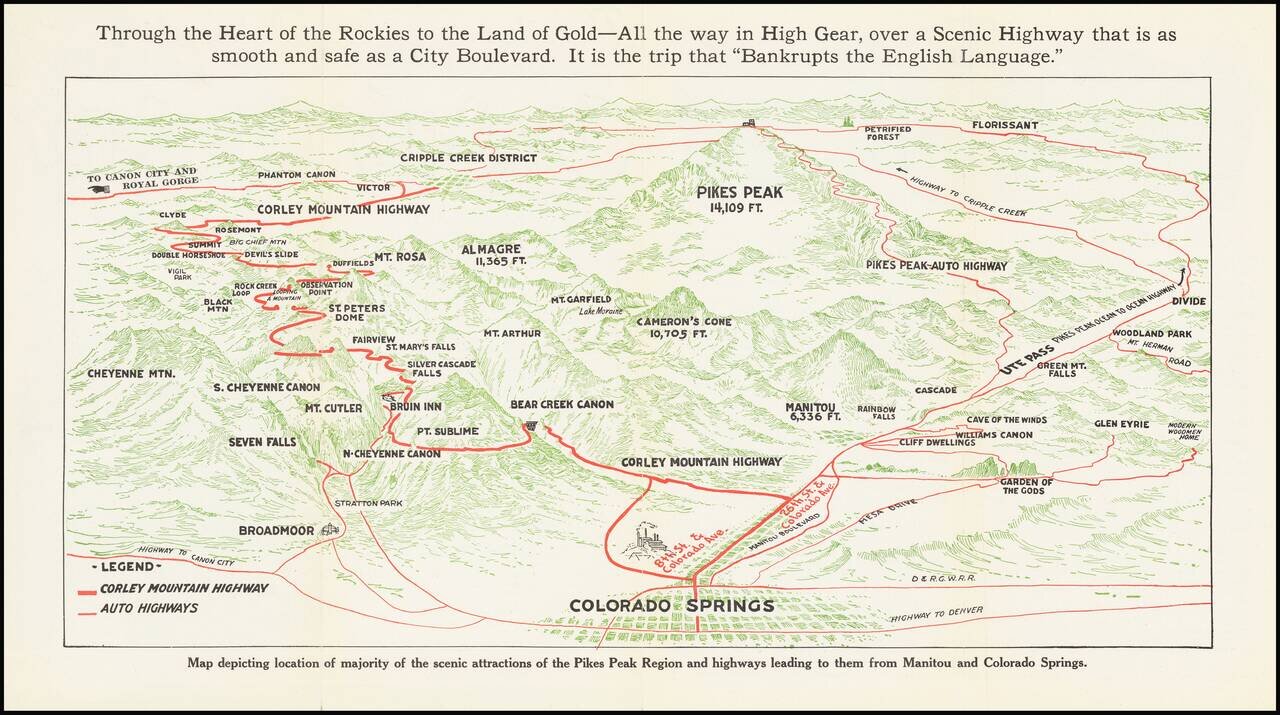 [Colorado -- Pike's Peak Region]  Detailed Perspective Map of Corley Mountain Highway --  Through the Heart of the Rockies to the Land of Gold . . . .