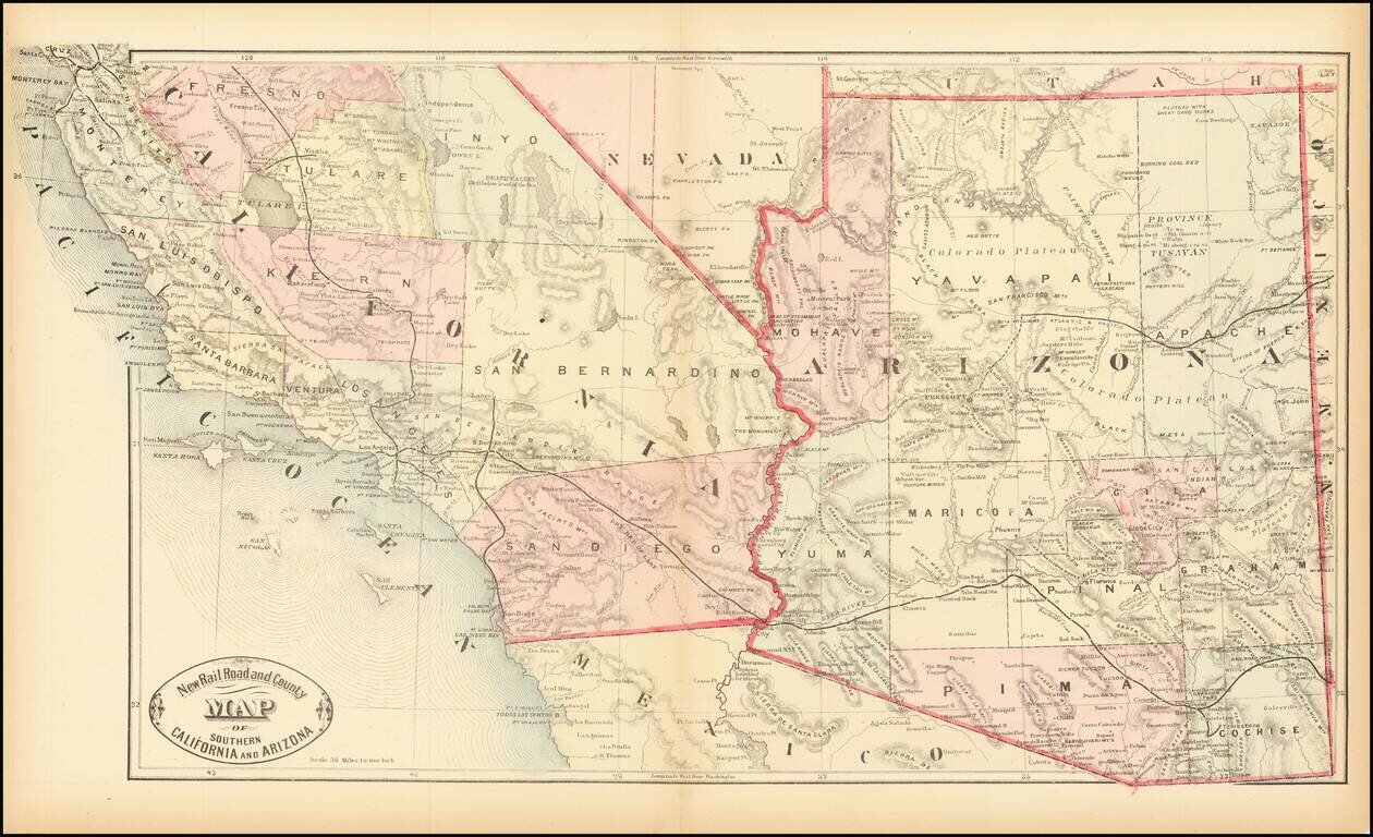 New Railroad and County Map of Southern California and Arizona