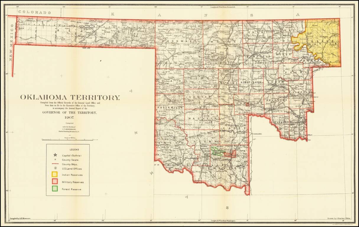 Map of the Oklahoma Territory.  Compiled from the Official Records of the General Land Office and from data on file in the Executive Office of the Territory . . . 1907
