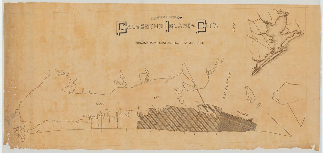Correct Map of Galveston Island and City, Showing Bay Mainland and Gov Jetties
