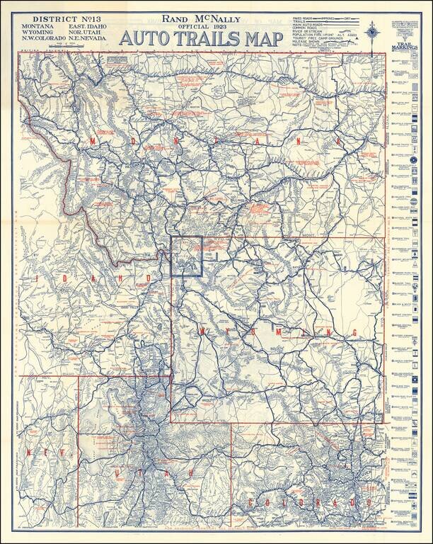Guide To the Blazed Trails of Montana and Wyoming . . .  [Montana, Wyoming, NW Colorado, Eastern  Idaho, Northern Utah, NE Nevada]  Rand McNally Offical 1923 Auto Trails Map [Yellowstone National Park and Glacier National Park on verso]