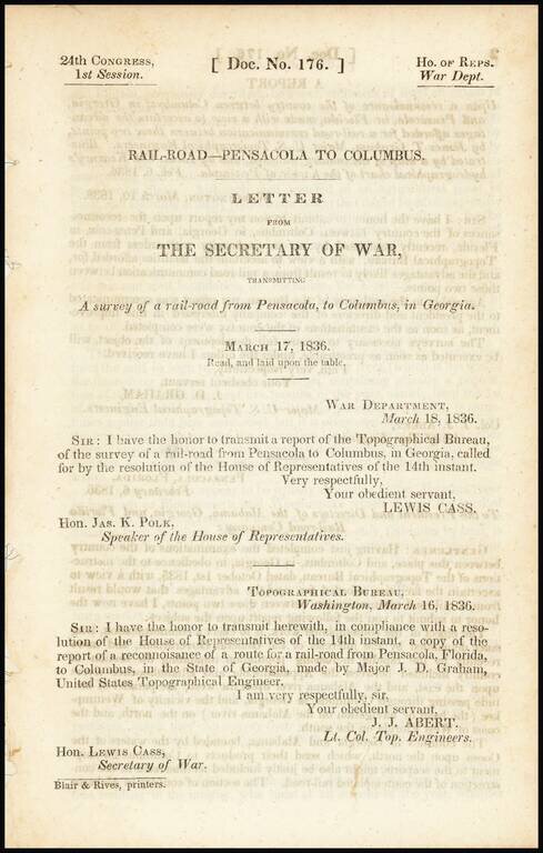 A Map of Part of Alabama & Florida shewing the route of the proposed Columbus & Pensacola Rail Road.