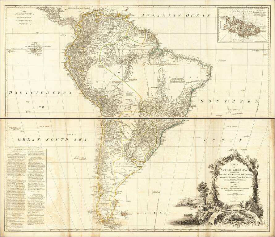 A Map of South America Containing Tierra-Firma, Guayana, New Granada, Amazonia, Brasil, Peru, Paraguay, Chaco, Tucuman, Chil and Patagonia from Mr. D'Anville with Several Improvements and Additions, and The Newest Discoveries.  . . .