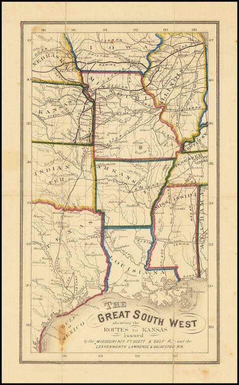The Great South West showing the Routes to Kansas issued by the Missouri Riv. Ft. Scott & Gulf R.R. and the Leavenworth Lawrence & Galveston R.R.