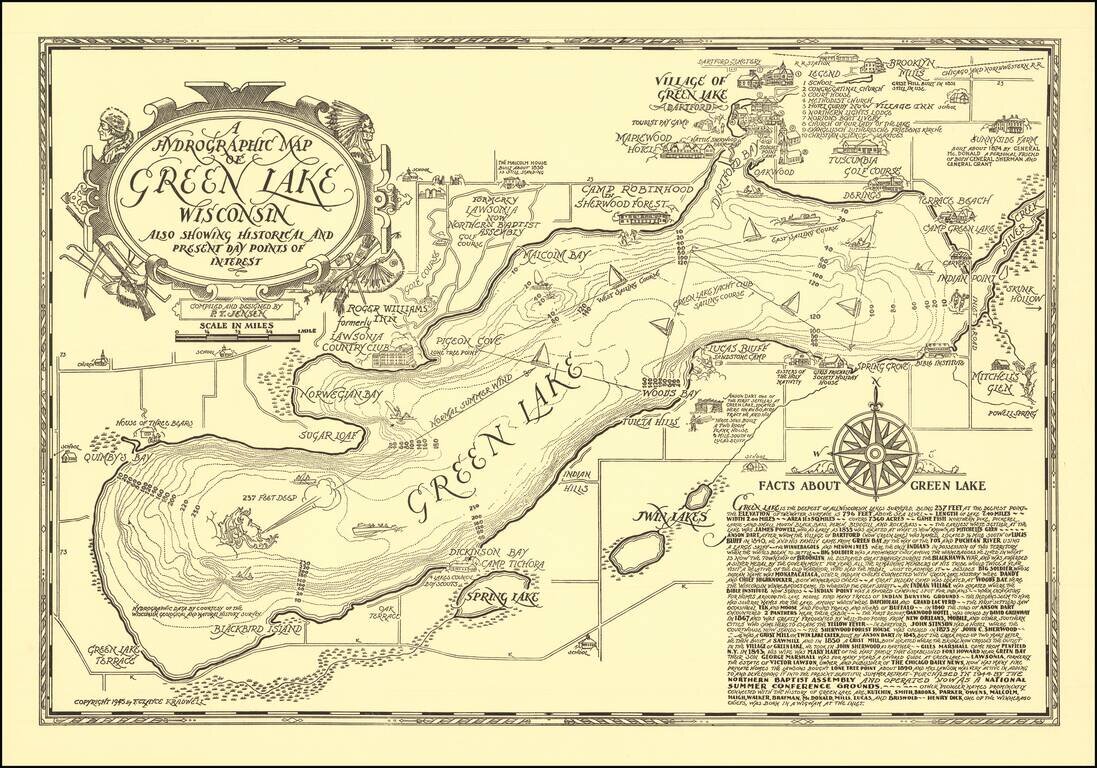 A Hydrographic Map of Green Lake Wisconsin Also Showing Historical and Present Day Points of Interest