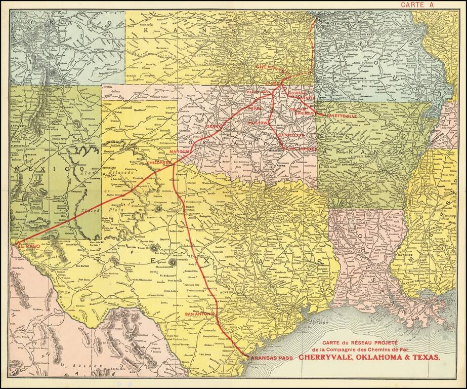 Carte du Reseau Projete de la Compagnie des Chemins de Fer Cherryvale, Oklahoma & Texas