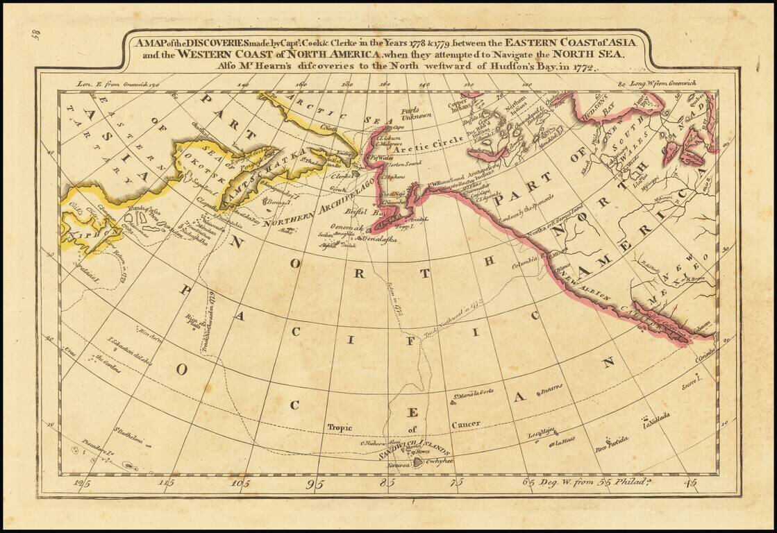 A Map of the Discoveries made by Captn.s Cook & Clerke in the Years 1778 & 1779 between the Eastern Coast of Asia and the Western Coast of North America . . . . Also Mr. Hearn's discoveries to the North westward of Hudson's Bay, in 1772.