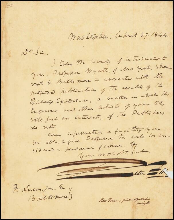 Peter Force letter to Fielding Lucas regarding publication of Exploring Expedition