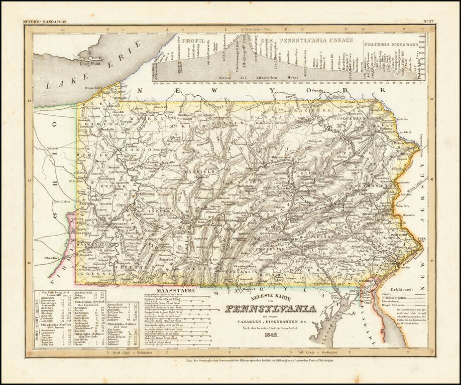 Neueste Karte von Pennsylvania mit seinen Canaelen, Strassen & Entfernungen der Hauptpunkte. Nach den bessten Quellen verbessert. 1845
