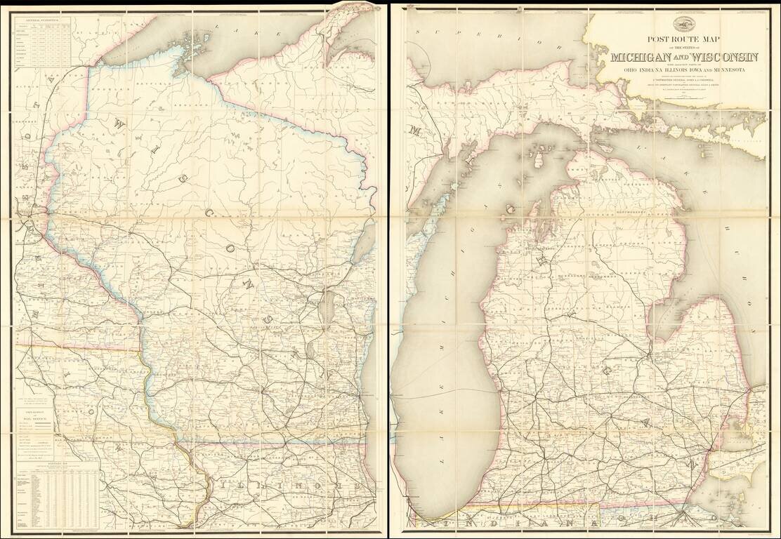 Post Route Map of The States of Michigan and Wisconsin with Adjacent Parts of Ohio Indiana Illinois Iowa and Minnesota Designed and Constructed Under the Orders of Postmaster General John A.J. Cresswell Second Assistant Postmaster General Giles A. Smith..