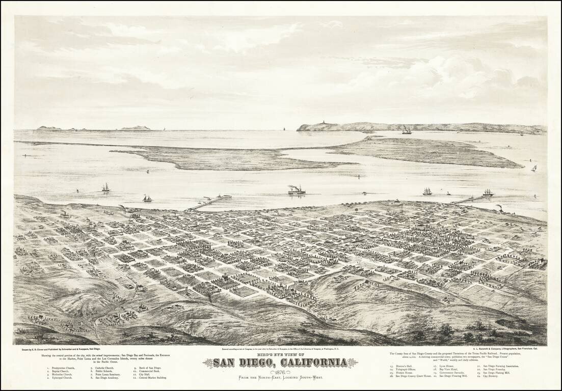 Bird's Eye View of San Diego, California 1876. From the North-East, Looking South-West.
