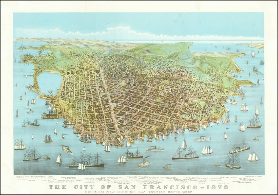 The City of San Francisco - 1878  Birdseye View  From The Bay Looking South-west