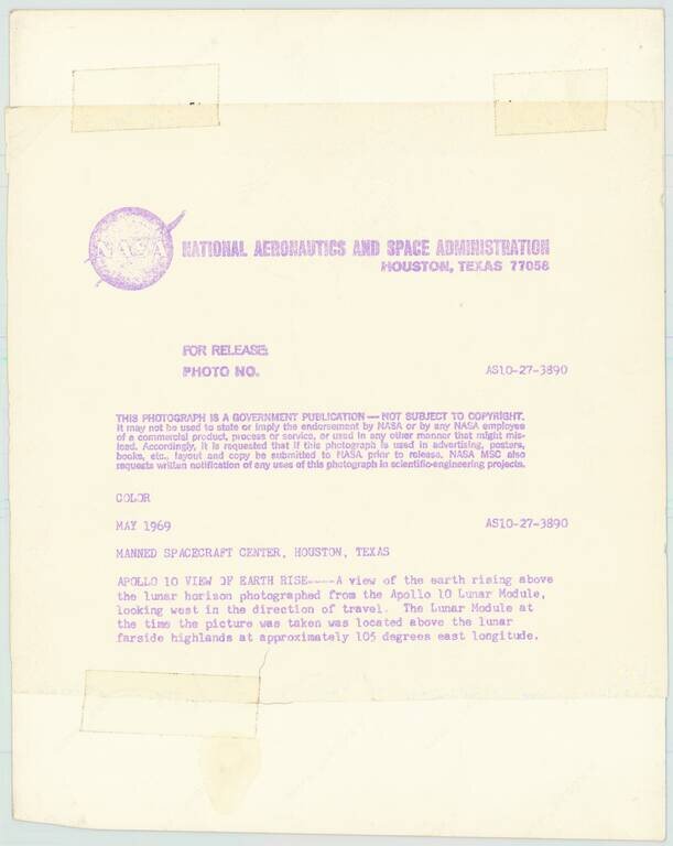 (Apollo 10) Earthrise. Kodak Paper, Blue-Letter Photograph.