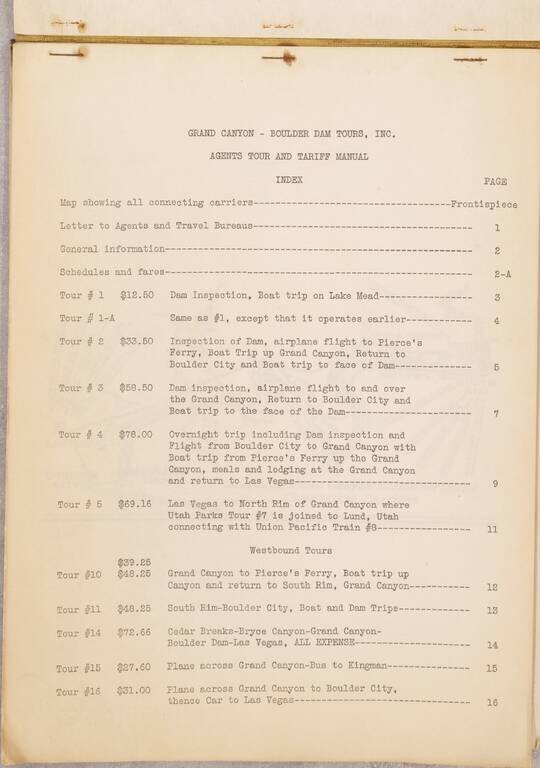 Grand Canyon -Boulder Dam Tours Inc.  Complete Transportation Service Via Airplane -- Boat --- Automobile ~ Grand Canyon -- Lake Mead -- Boulder Dam  /  Grand Canyon - Boulder Dam Tours Inc.  Agents Tour and Tariff Manual