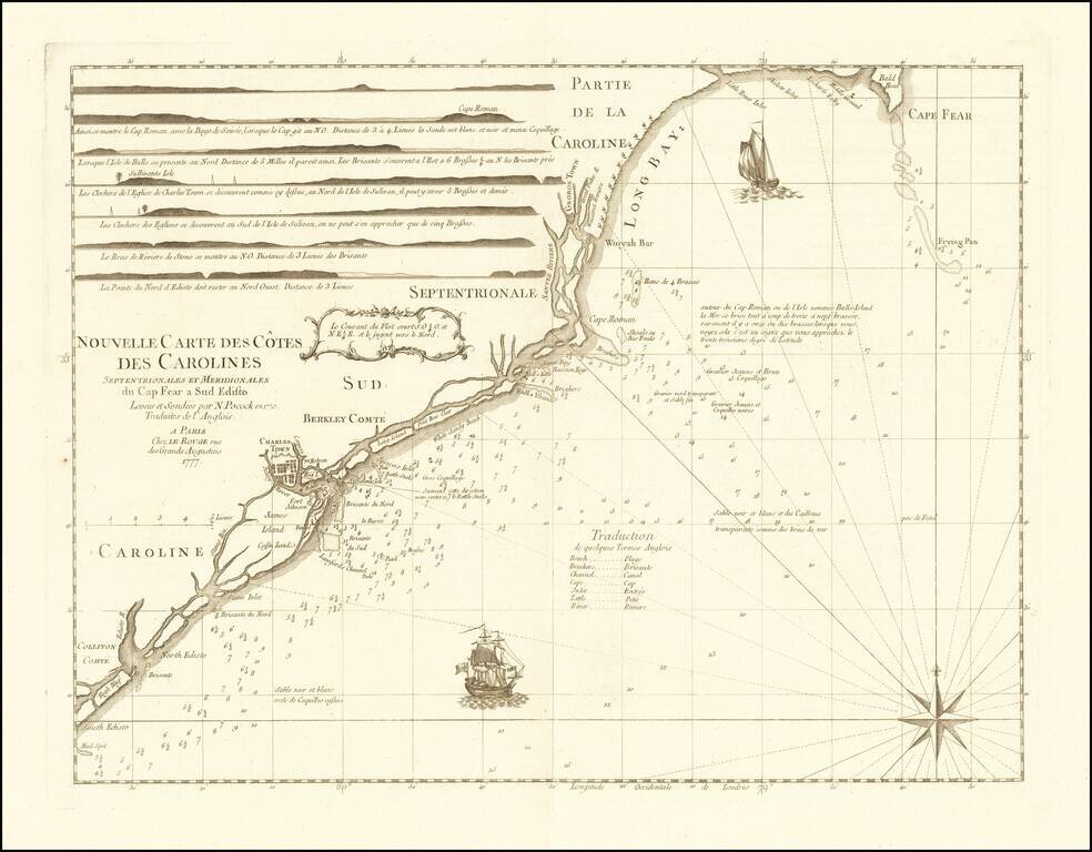 Nouvelle Carte Des Cotes Des Carolines Septentrionales Et Meridionales du Cap Fear a Sud Edisto Levees et Sondees par N. Pocock en 1770. Traduites de l'Anglois . . . 1777