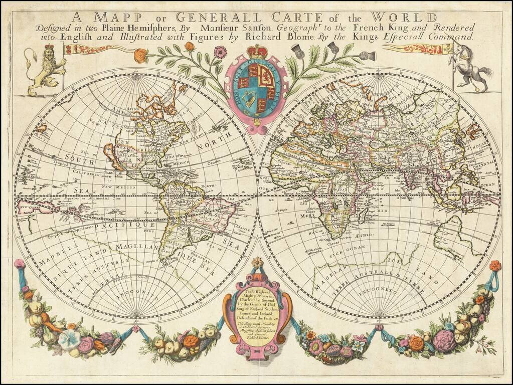 A Mapp or Generall Carte of the World Designed in two Plaine Hemisphers, By Monsieur Sanson Geographr to the French King and Rendered into English and Illustrated with Figures by Richard Blome By the Kings Especiall Command