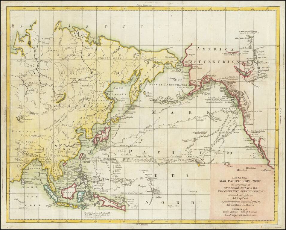Carta Del Mar Pacifico Del Nord che comprende la Costa Nord-Est D'Asia e la Costanord Ouest D'America riconosciente nel 1778  e 79 dal Cap. Cook e partcolarmente ancora nell 1788 e 89 dal Capitano Gio Meares . . . 1796