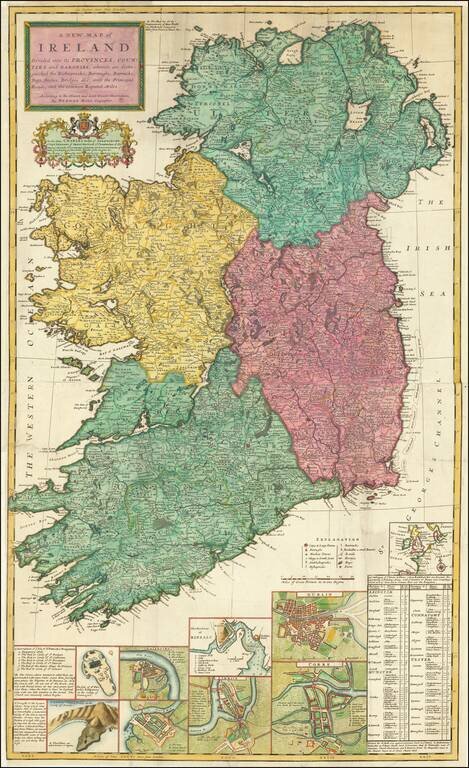 A New Map of Ireland Divided into its Provinces, Counties and Baronies, wherein are Distinguished the Bishopricks, Borroughs, Barracks, Bogs, Passes, Bridges, &c., with the Principal Roads, and Common Reputed Miles