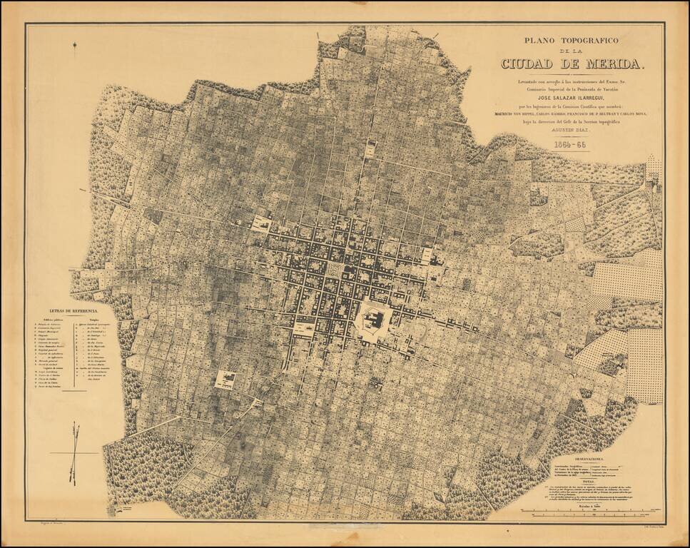 Plano Topografico de la Ciudad de Merida.  Levantado con arreglo a las instruccciones del Exmo. Sr. Comisario Imperial de la Peninsula Yucatan Jose Salazar Ilarregui, por les Ingenieros de la Comision Cientifica que nobre:  Mauricio Von Hippel, Carlos Ram
