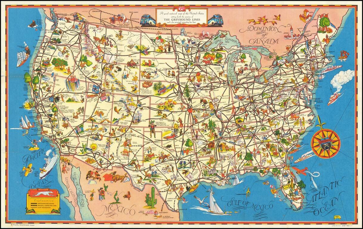 A good-natured map of the United States setting forth the service of The Greyhound Lines and a few principal connected but lines.
