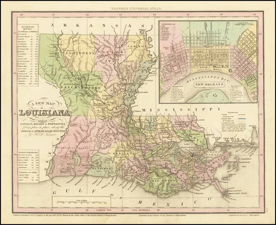 A New Map of Louisiana with its Canals, Roads & Distances.  H.S. Tanner.  (inset map of New Orleans)
