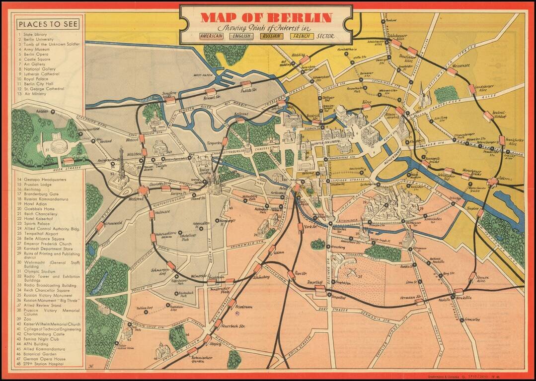 Map of Berlin Showing Points of Interest in American English Russian French Sector