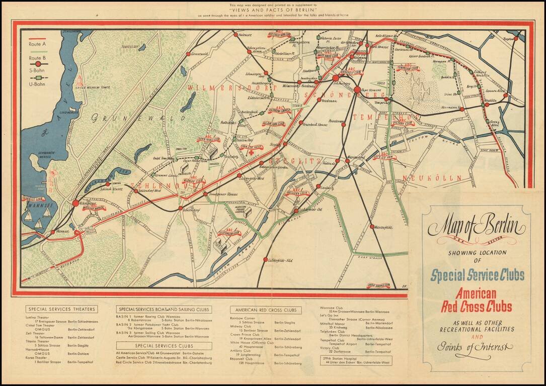 Map of Berlin Showing Points of Interest in American English Russian French Sector