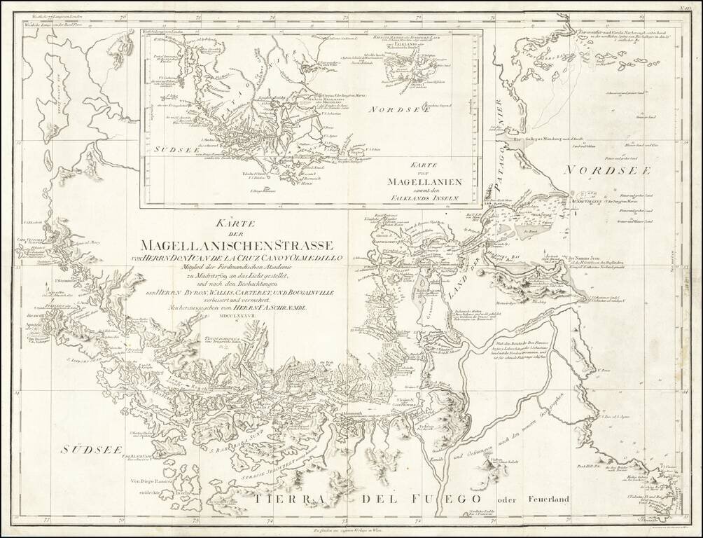 (Straits of Magellan) Karte der Magellanischen Strasse von Herrn Don Iuan de la Cruz Cano y Olmedillo Mitglied der Ferndinandischen Akademie zu Madrit 1769 an das Licht gestellet, und nach den Beobachtungen der Herrn Byron, Wallis, Carteret, und Bougainvi