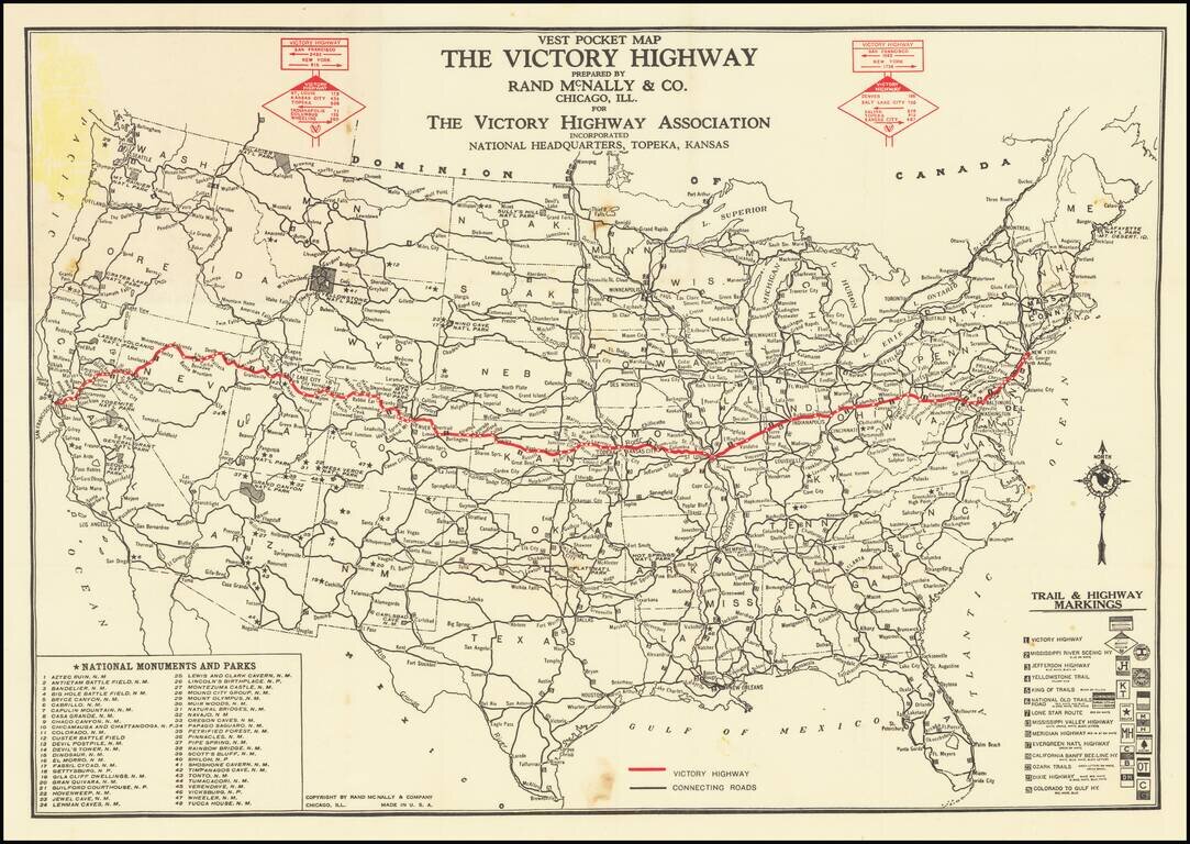 Vest Pocket Map of the Victory Highway The Nation's Memorial Road From New York through Topeka to San Francisco  . . . 1924