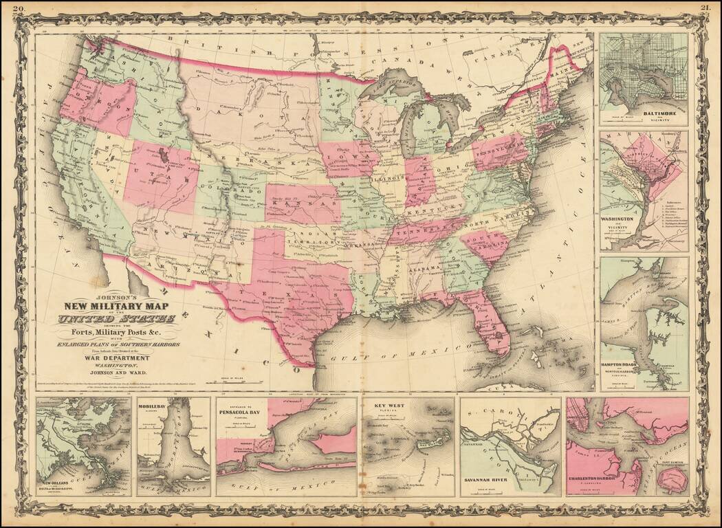 Johnson's New Military Map of the United States Forts, Military Posts & all the Military Divisions with Enlarged Plans of the Southern Harbors . . .