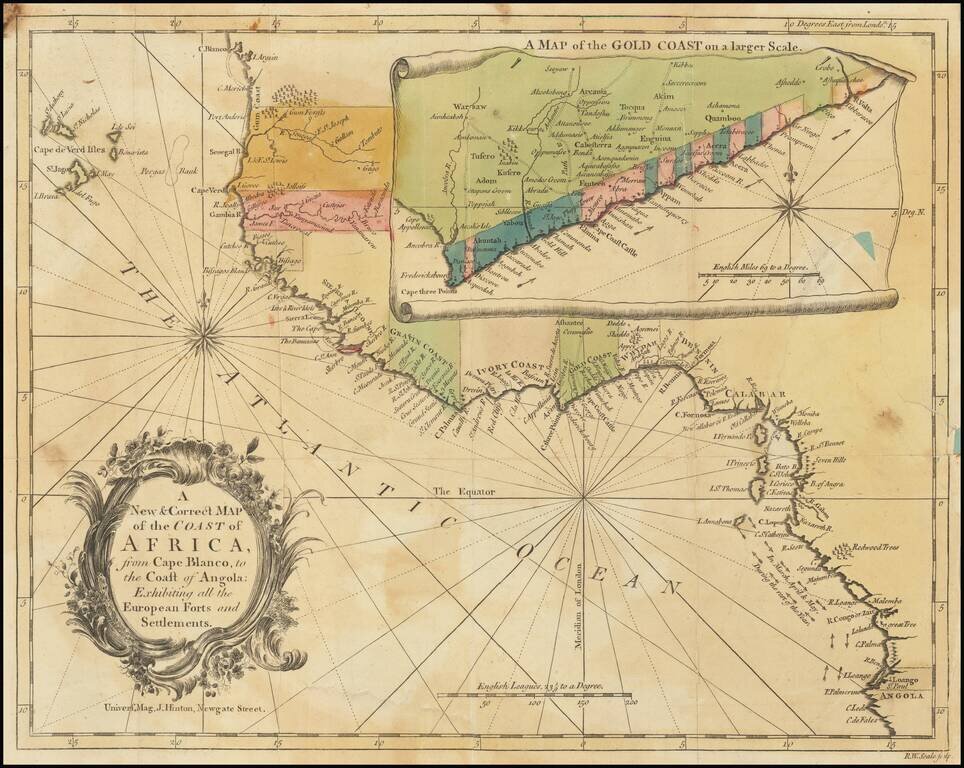 A New & Correct Map of the Coast of Africa, from Cape Blanco, to the Coast of Angola:  Exhibiting all the European Forts and Settlements.