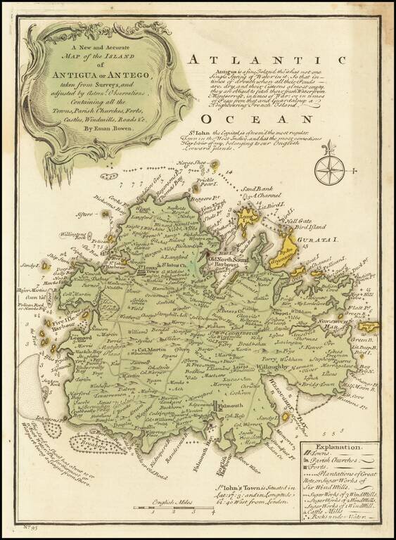 [Antigua]  A New and Accurate Map of the Island of Antigua or Antego taken from Surveys, and adjusted by Astronl. Observations. Containing all the Towns, Parish Churches, Forts . . .