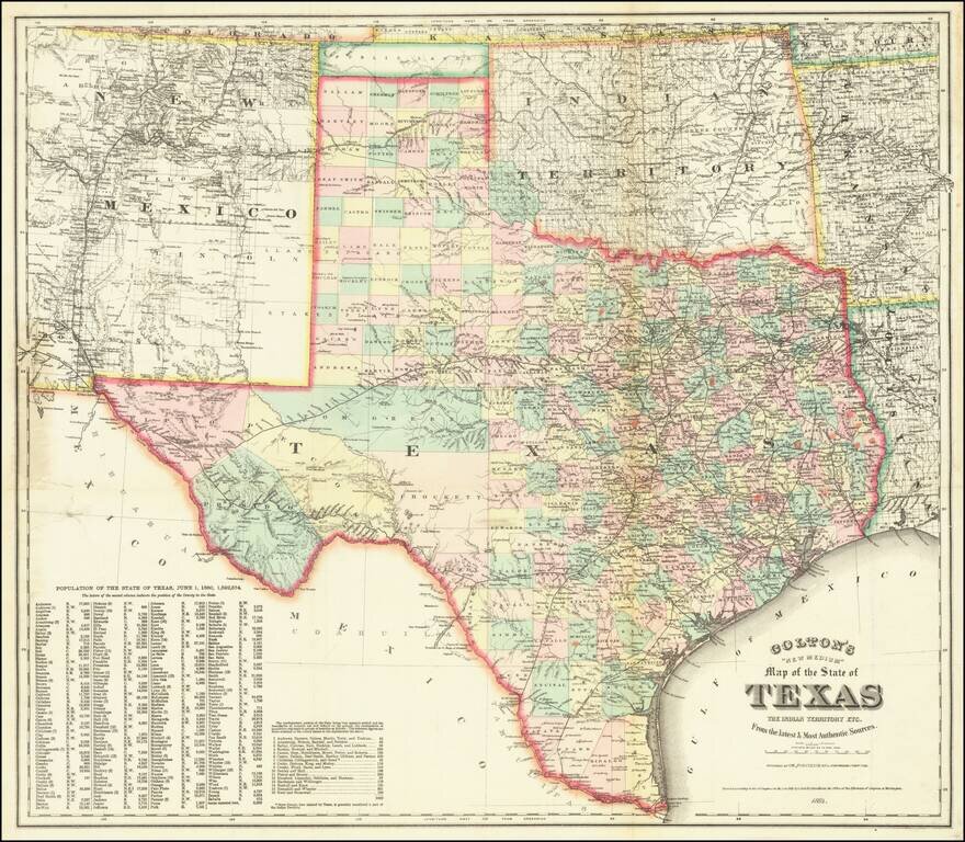 Colton's New Medium Map of the State of Texas, The Indian Territory, etc. From the latest & Most Authentic Sources . . . 1884