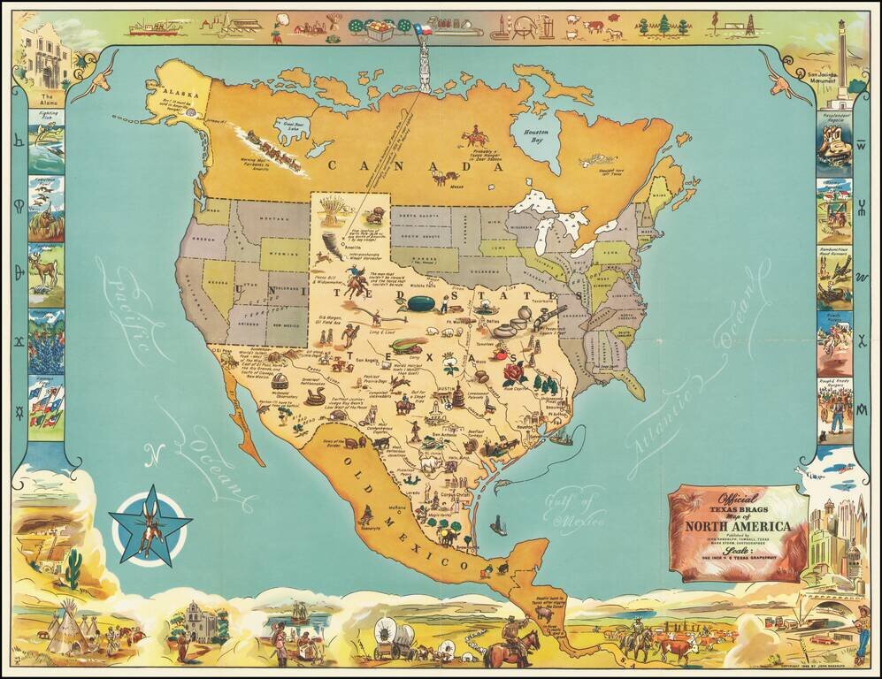 Official Texas Brags Map of North America . . . Scale One Inch = 6 Texas Grapefruit  [With Original Envelope!]