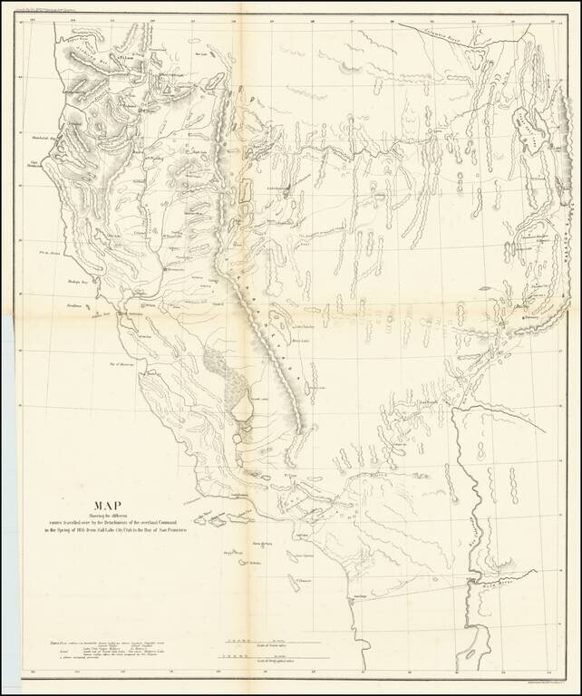 Map Showing the different routes travelled over by the Detachments of the Overland Command in the Spring of 1855 from Salt Lake City, Utah to the Bay of San Francisco