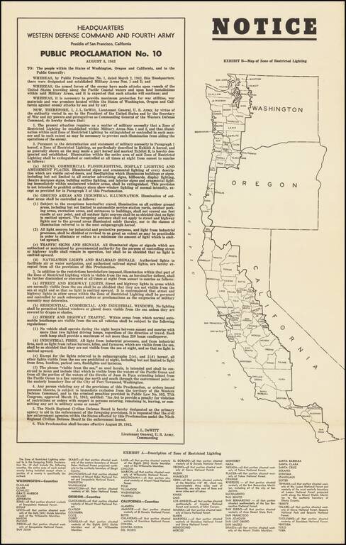 (Second World War - U.S. Homefront) Notice Public Proclamation No. 10 August 5, 1942