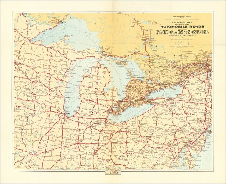 Sectional Map Indicating Main Automobile Roads Between Canada & United States (Great Lakes Sheet)